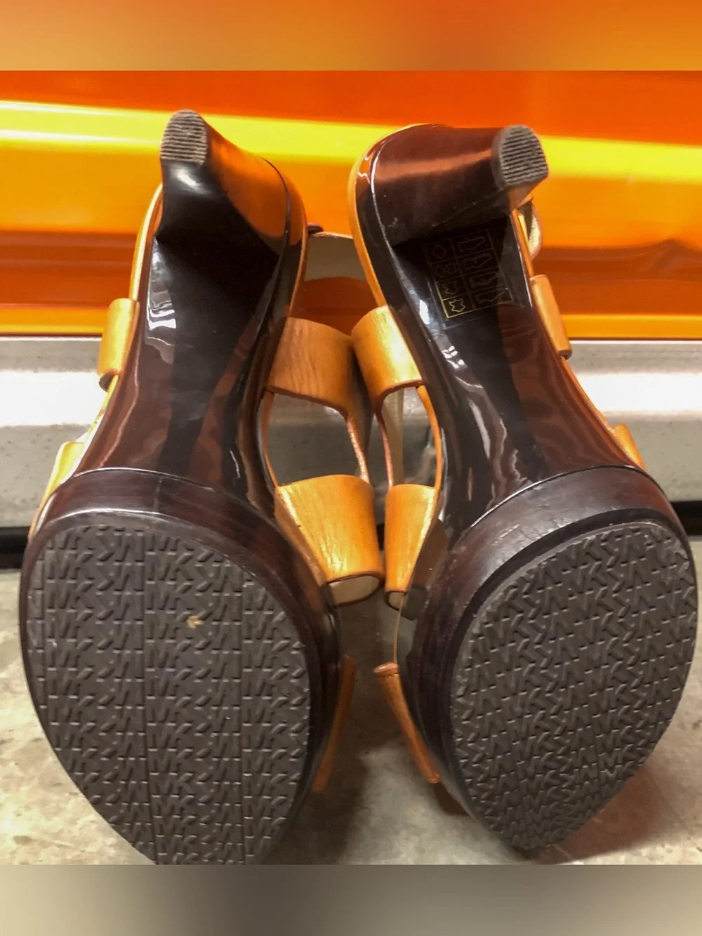 Michael Kors Josephine Cognac Leather Platform Heel Sandals 7M